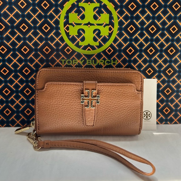 Tory Burch Plaque Wallet Wristlet Bark Gold Tan Brown - Picture 1 of 15